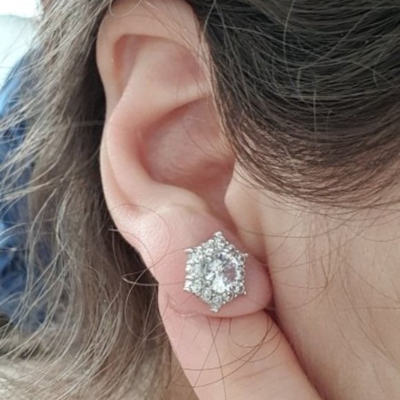 NEW Hexagon Cut Diamond Halo Silver Stud Earrings - Picture 5 of 6